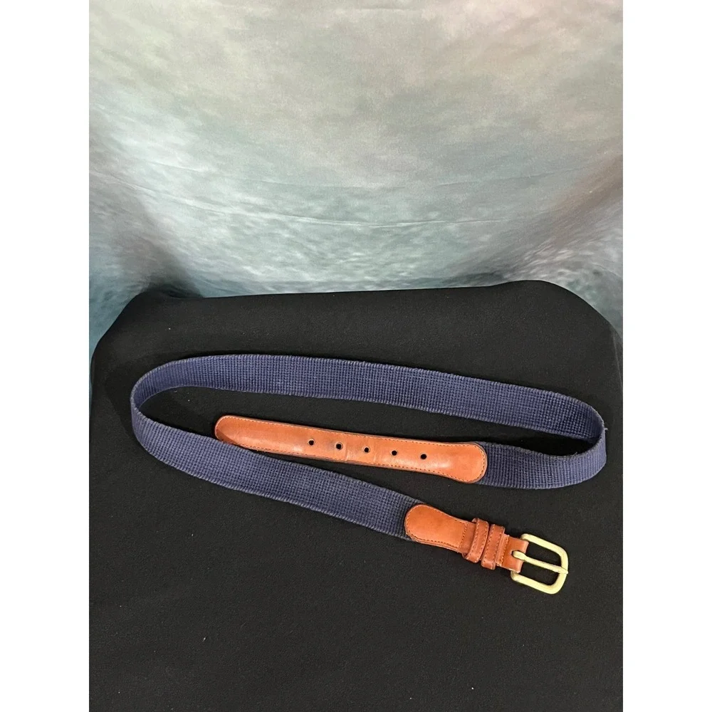 Coach Mens Navy Blue Webbed Woven Leather Trim Brass Buckle Belt 3811 Size 34